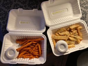 Sweet potato and regular potato fries with garlic aioli  at Two Monkeys in Oslo