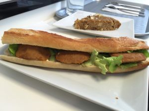 'chicken' sandwich and onion tart at Vegan Folie's in Paris
