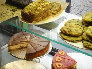 Selection of cakes in the window :)  at Vegan Folie's in Paris