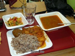 Dal, chicken curry with kasha, cous-cous salad, perogi at Rada & K in St Petersburg