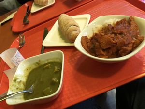 spinach soup, sausage roll & seitan tomato curry at Rada & K in St Petersburg