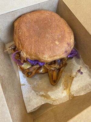 Mushroom BBQ sandwich on a donut from Donut Run  at Lost Sock Roasters in Washington