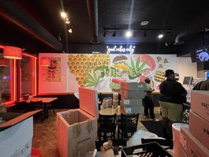 Cool murals inside, boxes because they were getting ready to drive to nyc for a vegfest or something similar  at Twisted Plants in Milwaukee