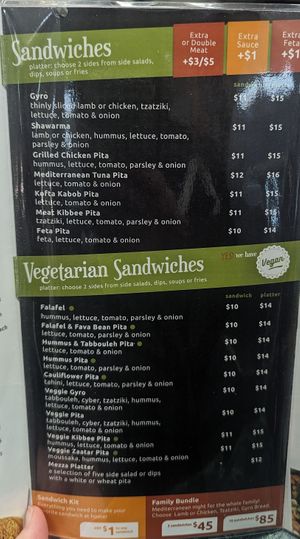 Menu with sandwiches. Green dots are vegan. at Foods of the Mediterranean in Allentown