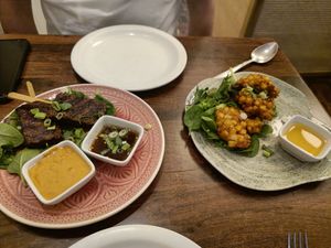 Mushroom skewers and sweetcorn cakes at Plants of Roselyn in South East London