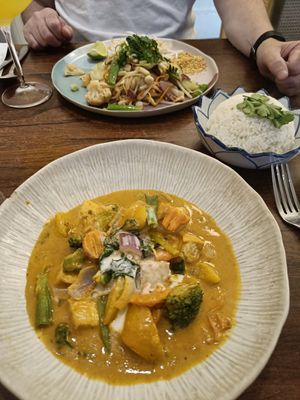 Peanut and coconut curry with tofu and jasmine rice at Plants of Roselyn in South East London