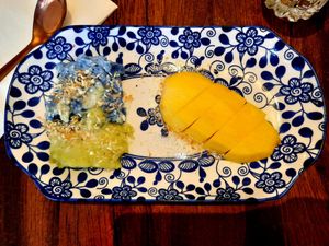 Mango sticky rice (yeah, the rice is blue and green, no, I don't know why) at Plants of Roselyn in South East London