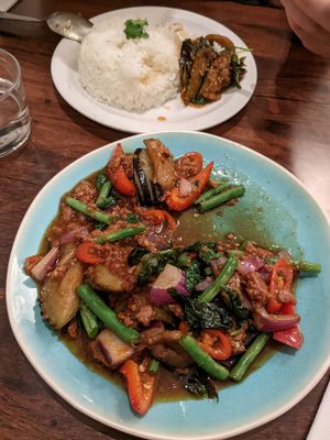 Delicious aubergine and soy mince kra pow at Plants of Roselyn in South East London