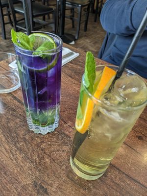 Orange iced tea and butterfly pea limeade at Plants of Roselyn in South East London