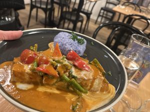 Tofu curry and blue rice   at Plants of Roselyn in South East London