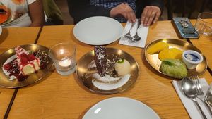 Cheesecake, chocolate  caramel cake and stick rice and mango ... all deserts had as starters. at Plants of Roselyn in South East London