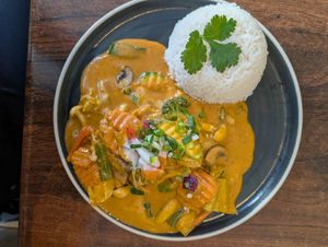 Peanut satay tofu with rice at Plants of Roselyn in South East London