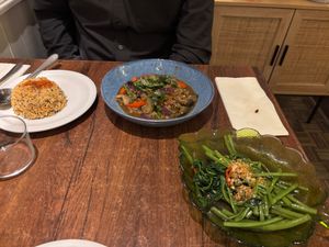 Chili seaweed rice, morning glory, hot dish I’ve forgotten the name at Plants of Roselyn in South East London