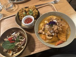 Massaman Curry (Rejuvenating tray) with Sweetcorn cakes  at Plants of Roselyn in South East London