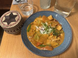 Peanut satay and rice in basket  at Plants of Roselyn in South East London