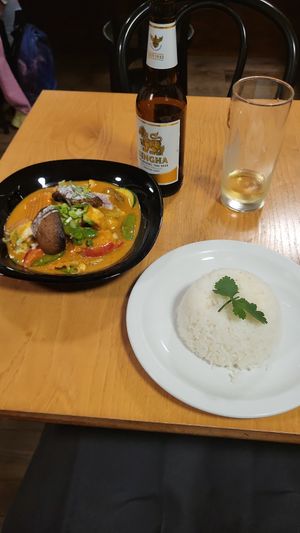 Peanut satai tofu( the rice is not included with the main dish) at Plants of Roselyn in South East London