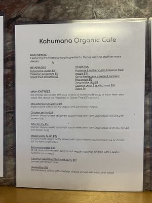 menu  at Kahumana Organic Farm and Cafe in Waianae