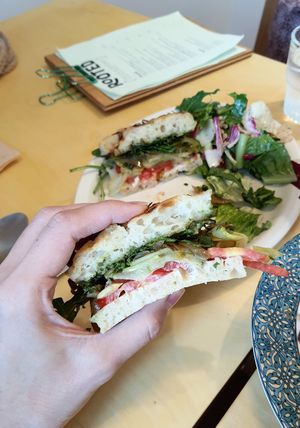 Focaccia Sandwich - close-up at Rooted 루티드 in Seoul