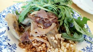 Roasted Eggplant with Cream Barley Lentils - close-up at Rooted 루티드 in Seoul