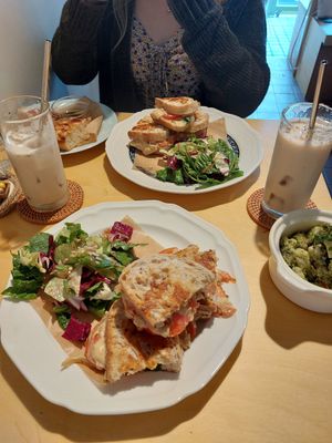 Vegan grilled cheese, side of pesto potatoes and foccacia at Rooted 루티드 in Seoul