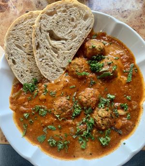 Shakshouka with veggie balls. Incredible delicious!  at Rooted 루티드 in Seoul