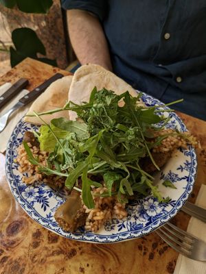 Rice, lentils and aubergine at Rooted 루티드 in Seoul