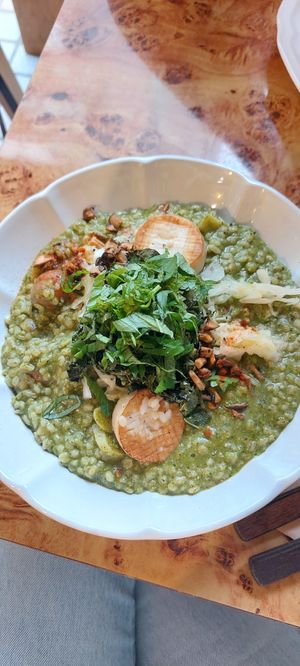Seasonal Risotto with basil pesto and, mushrooms, sauerkraut and v meatballs. Literally the perfect comfy fall dish. at Rooted 루티드 in Seoul