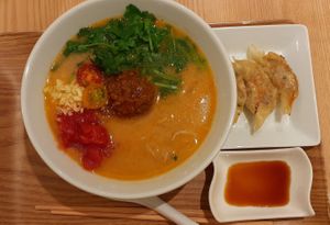 Vegan Cheese, Coriander, Tomato Tan tan noodles at T's Tantan - Tokyo JR Station in Tokyo