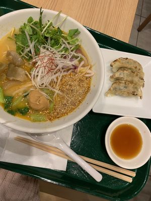 Ramen with peanut butter and vegetable gyoza dumplings  at T's Tantan - Tokyo JR Station in Tokyo