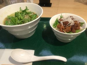 Thom Yam ramen with the fried soy meat set. 
Its avaialbe for a limited time, but this combination of spicy and sour really has a taste you can not forget and keep making you come back for more.  at T's Tantan - Tokyo JR Station in Tokyo