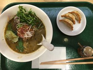 Black sesame ramen with fried dumplings at T's Tantan - Tokyo JR Station in Tokyo