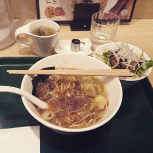 Shoyu ramen, fried soy meat, Apple honey tea at T's Tantan - Tokyo JR Station in Tokyo