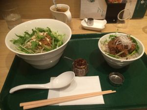 Ramen set lunch. Ramen with cashew and soy meat. Soy meat and rice. Apple Lemonade Tea at T's Tantan - Tokyo JR Station in Tokyo