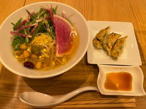 Gold sesame ramen with noodle upgrade and gyoza on the side  at T's Tantan - Tokyo JR Station in Tokyo