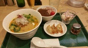 L-R: seasonal ramen, mini curry rice, gyoza, extra veggies for the ramen, chilli powder. at T's Tantan - Tokyo JR Station in Tokyo