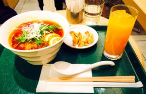 Hot and Sour Ramen Soup with Fried Dumplings   at T's Tantan - Tokyo JR Station in Tokyo