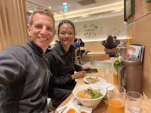 Two happy vegans  at T's Tantan - Tokyo JR Station in Tokyo