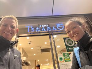Two happy vegans  at T's Tantan - Tokyo JR Station in Tokyo