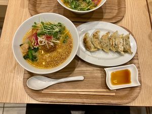 Golden sesame ramen & gyoza   at T's Tantan - Tokyo JR Station in Tokyo