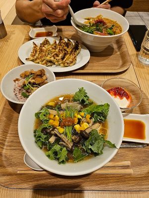 Grilled Mushrooms SHOYU Ramen + Mini Bowl with Char Siu + Soy Milk Yogurt (Strawberry Sauce) at T's Tantan - Tokyo JR Station in Tokyo
