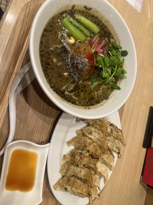 Black sesame ramen & gyoza   at T's Tantan - Tokyo JR Station in Tokyo