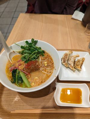 Golden sesame tantan and gyozas at T's Tantan - Tokyo JR Station in Tokyo