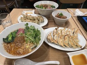 Golden Sesame set with gyoza (plus one additional soy meat bowl)  at T's Tantan - Tokyo JR Station in Tokyo