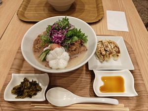 Sakura themed ramen and vegan gyoza at T's Tantan - Tokyo JR Station in Tokyo