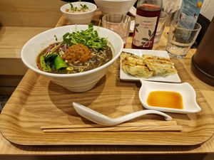Black sesame ramen, gyoza at T's Tantan - Tokyo JR Station in Tokyo