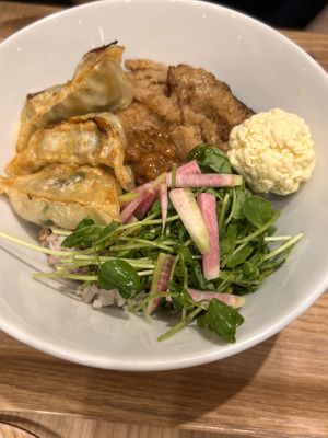 Rice bowl with chickn and gyoza   at T's Tantan - Tokyo JR Station in Tokyo
