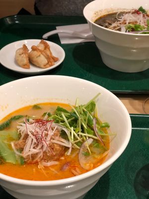 White sesame and black sesame ramen with fried veggie dumplings at T's Tantan - Tokyo JR Station in Tokyo