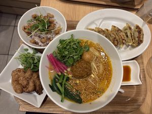 Vegan Golden Sesame Tantanmen with the soy-meat wirh rice bowl side, extra fried vegan soy meat and vegan Gyoza  at T's Tantan - Tokyo JR Station in Tokyo