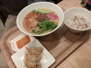 Golden sesame tantan men set with 3 gyoza and rice. at T's Tantan - Tokyo JR Station in Tokyo