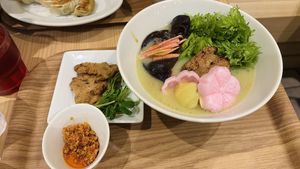 Sakura ramen with sweet potato puree   at T's Tantan - Tokyo JR Station in Tokyo
